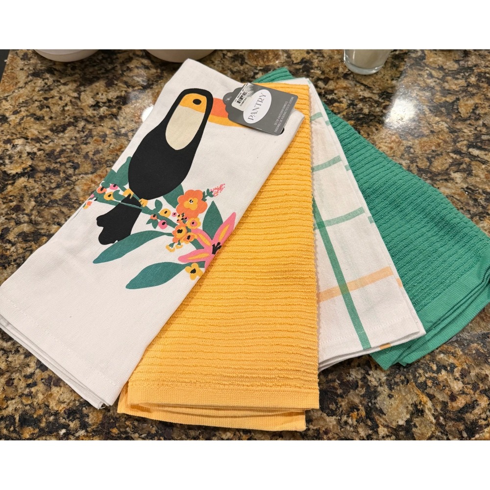 Pantry Kitchen Towels Multi Color Toucan Bird Floral Plaid Textured 4 Pack NEW